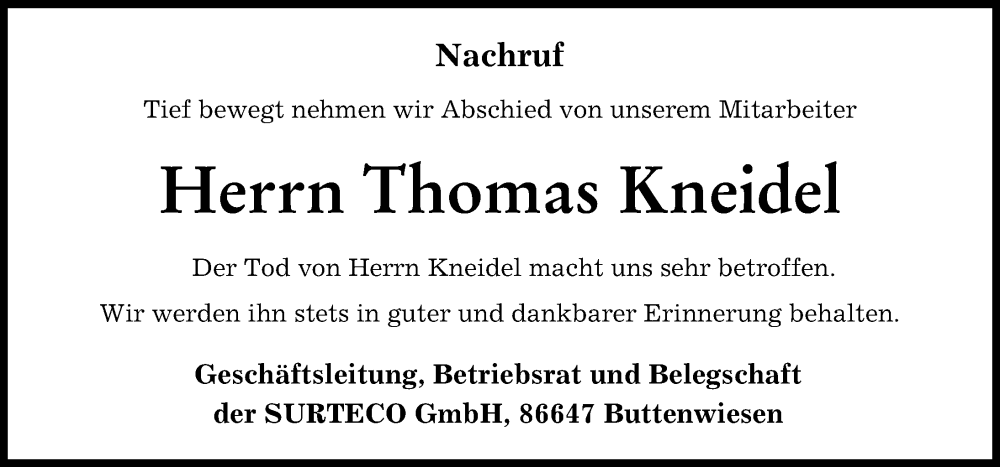  Traueranzeige für Thomas Kneidel vom 03.02.2023 aus Wertinger Zeitung