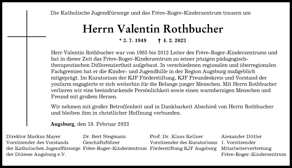 Traueranzeige von Valentin Rothbucher von Augsburger Allgemeine