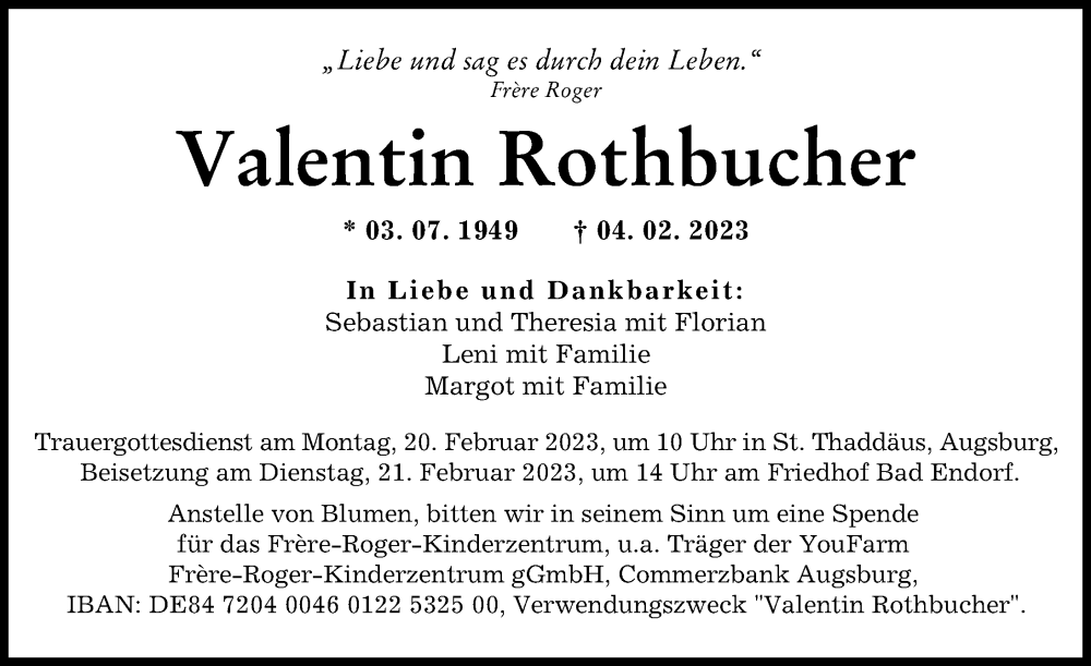 Traueranzeige von Valentin Rothbucher von Augsburger Allgemeine