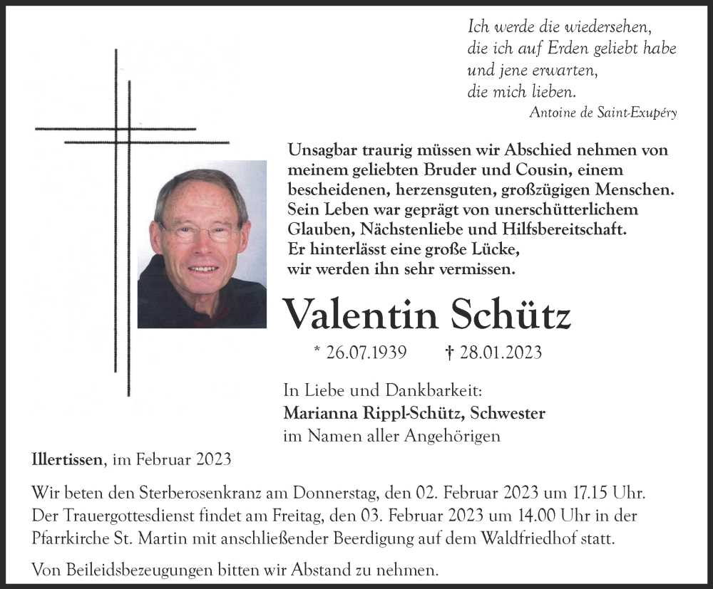  Traueranzeige für Valentin Schütz vom 02.02.2023 aus Illertisser Zeitung
