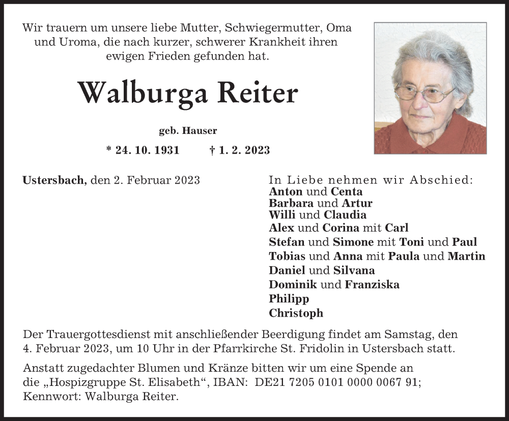  Traueranzeige für Walburga Reiter vom 02.02.2023 aus Augsburg-Land
