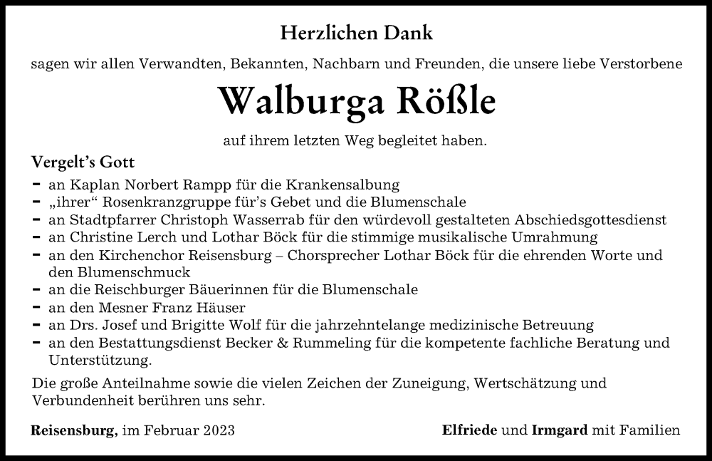  Traueranzeige für Walburga Rößle vom 08.02.2023 aus Günzburger Zeitung
