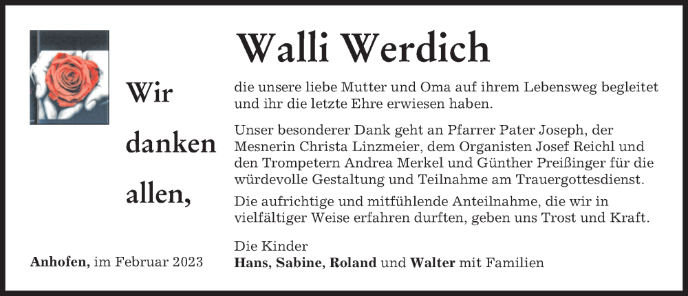  Traueranzeige für Walli Werdich vom 18.02.2023 aus Günzburger Zeitung