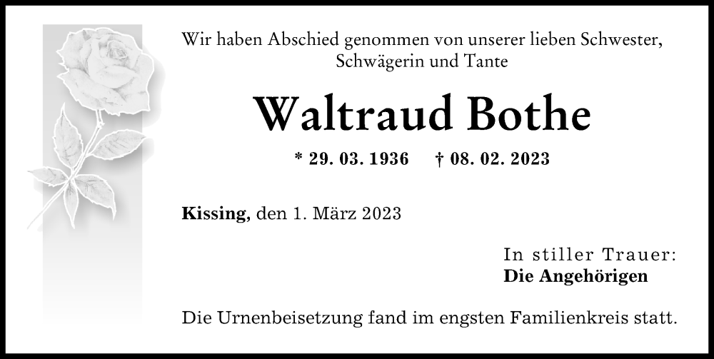 Traueranzeige von Waltraud Bothe von Friedberger Allgemeine