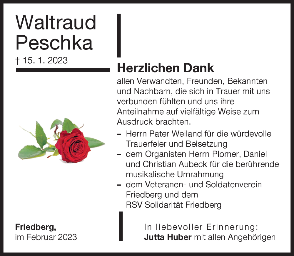  Traueranzeige für Waltraud Peschka vom 11.02.2023 aus Friedberger Allgemeine