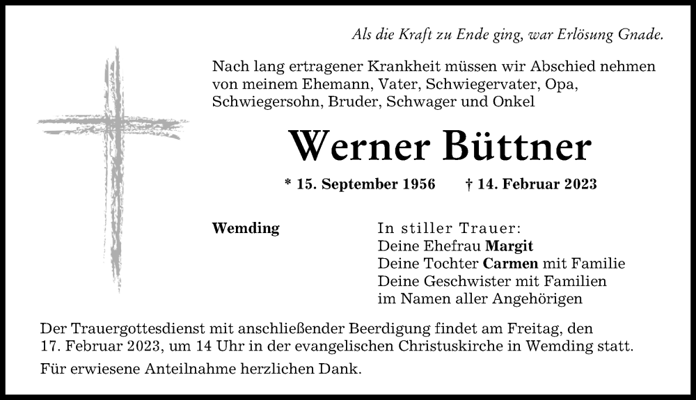 Traueranzeige von Werner Büttner von Donauwörther Zeitung
