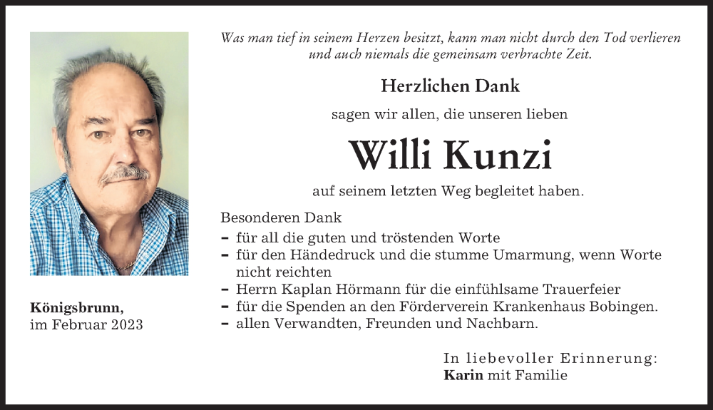  Traueranzeige für Willi Kunzi vom 11.02.2023 aus Schwabmünchner Allgemeine