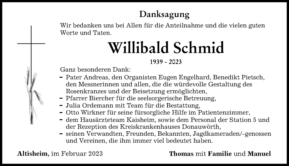  Traueranzeige für Willibald Schmid vom 13.02.2023 aus Donauwörther Zeitung