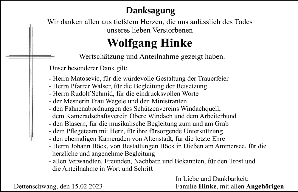  Traueranzeige für Wolfgang Hinke vom 15.02.2023 aus Landsberger Tagblatt