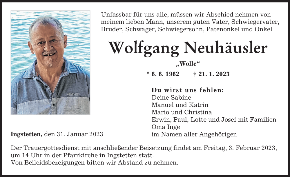  Traueranzeige für Wolfgang Neuhäusler vom 31.01.2023 aus Neu-Ulmer Zeitung