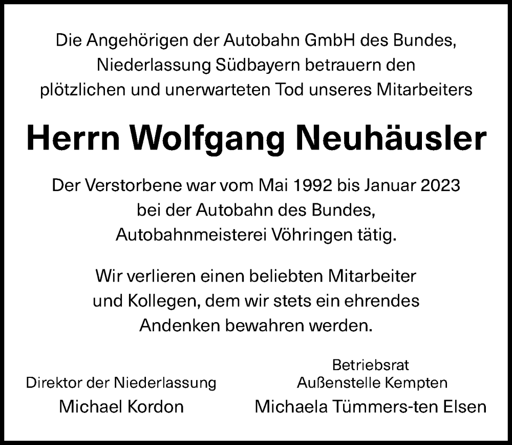  Traueranzeige für Wolfgang Neuhäusler vom 31.01.2023 aus Illertisser Zeitung, Neu-Ulmer Zeitung