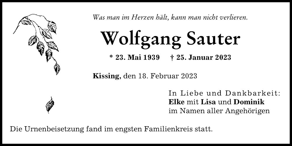 Traueranzeige von Wolfgang Sauter von Friedberger Allgemeine