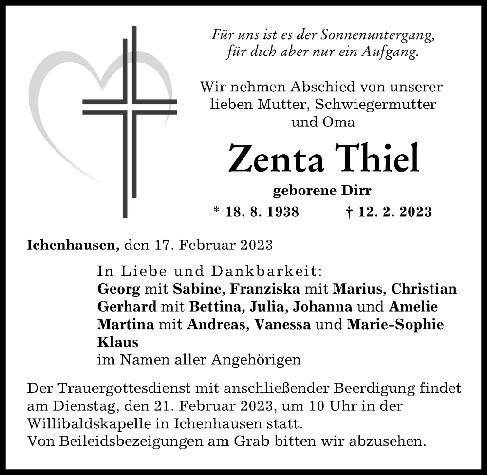 Traueranzeige von Zenta Thiel von Günzburger Zeitung