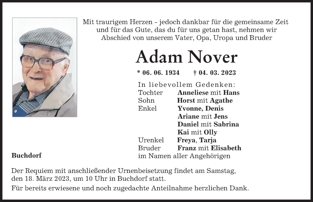  Traueranzeige für Adam Nover vom 14.03.2023 aus Donauwörther Zeitung