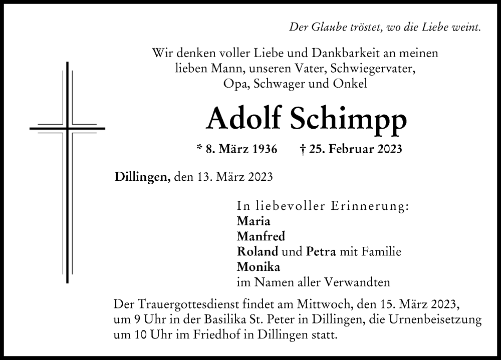 Traueranzeige von Adolf Schimpp von Donau Zeitung