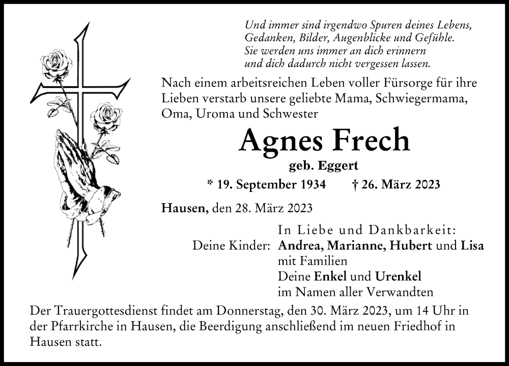  Traueranzeige für Agnes Frech vom 28.03.2023 aus Donau Zeitung