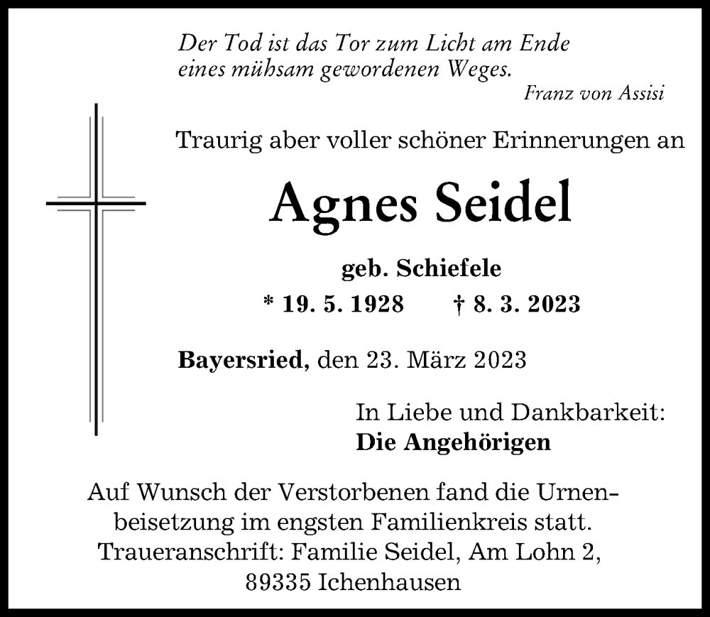  Traueranzeige für Agnes Seidel vom 23.03.2023 aus Mittelschwäbische Nachrichten
