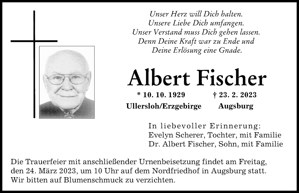  Traueranzeige für Albert Fischer vom 18.03.2023 aus Augsburger Allgemeine