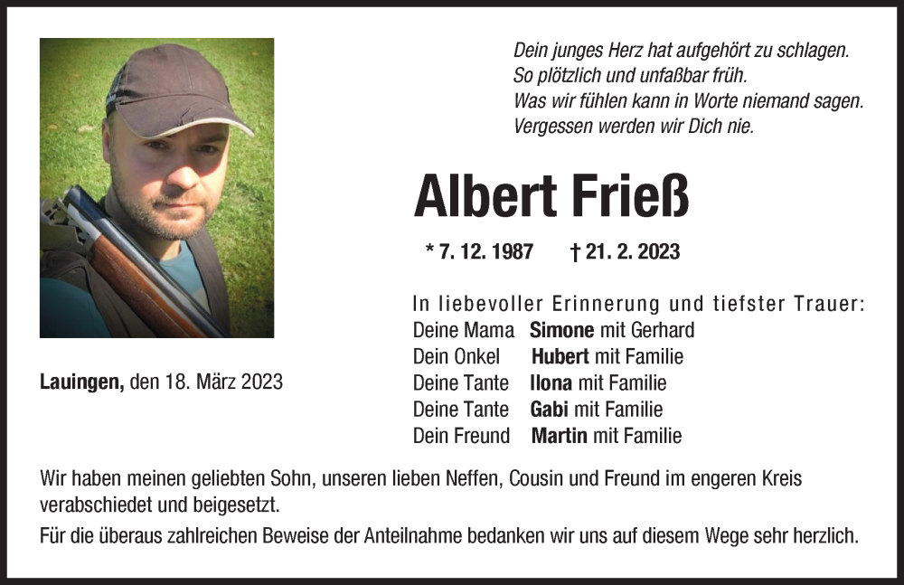  Traueranzeige für Albert Frieß vom 18.03.2023 aus Donau Zeitung