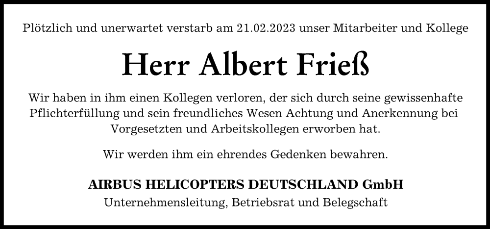  Traueranzeige für Albert Frieß vom 18.03.2023 aus Donau Zeitung, Donauwörther Zeitung