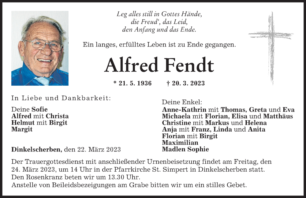 Traueranzeige von Alfred Fendt von Augsburger Allgemeine