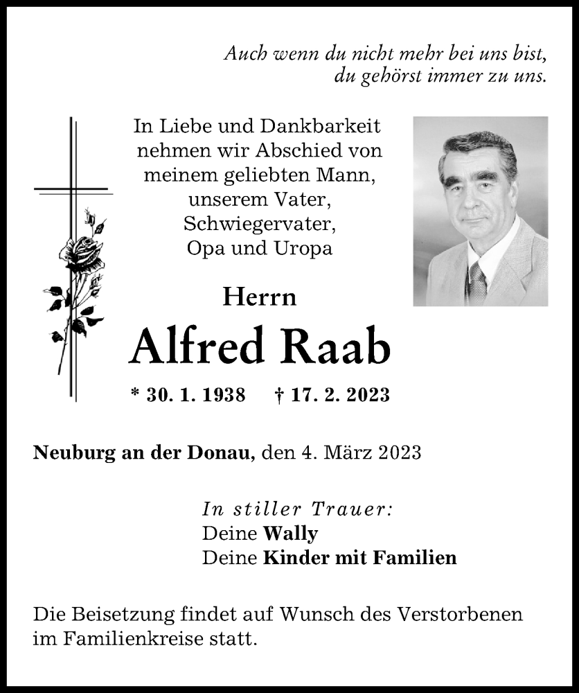 Traueranzeige von Alfred Raab von Neuburger Rundschau