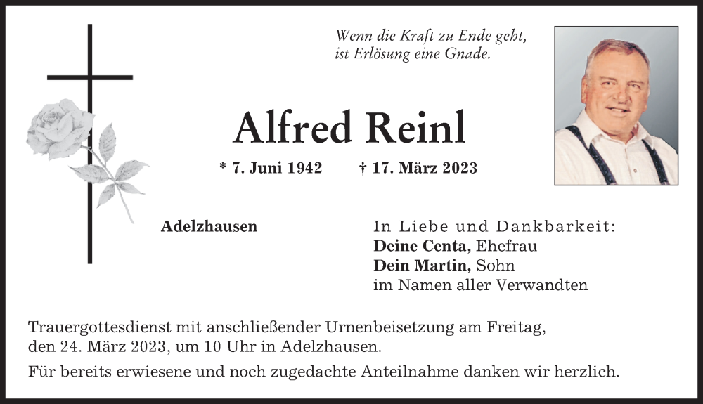 Traueranzeige von Alfred Reinl von Friedberger Allgemeine, Aichacher Nachrichten