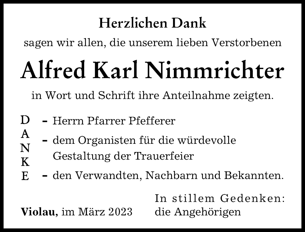  Traueranzeige für Alfred Karl Nimmrichter vom 25.03.2023 aus Augsburg-Land