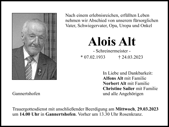 Traueranzeige von Alois Alt von Neu-Ulmer Zeitung, Illertisser Zeitung