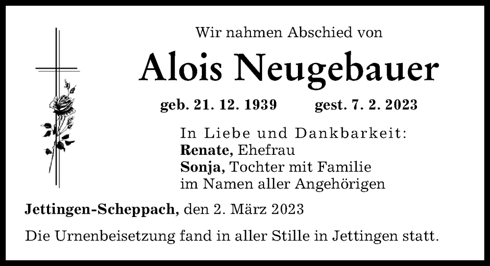 Traueranzeige von Alois Neugebauer von Günzburger Zeitung