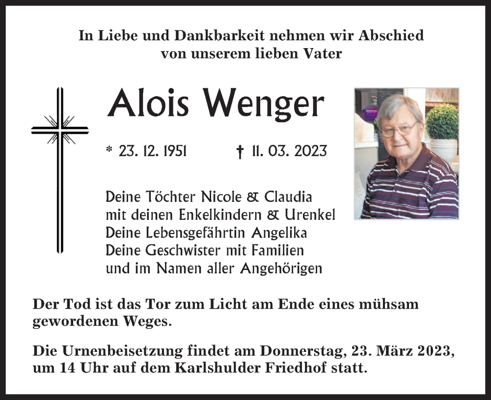  Traueranzeige für Alois Wenger vom 18.03.2023 aus Neuburger Rundschau
