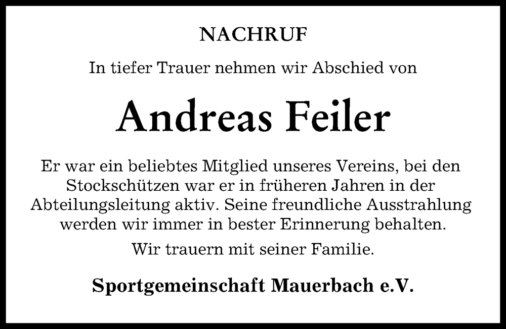  Traueranzeige für Andreas Feiler vom 22.03.2023 aus Aichacher Nachrichten