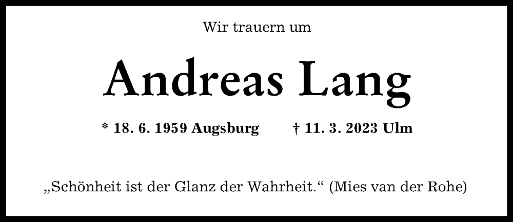 Traueranzeige von Andreas Lang von Neu-Ulmer Zeitung