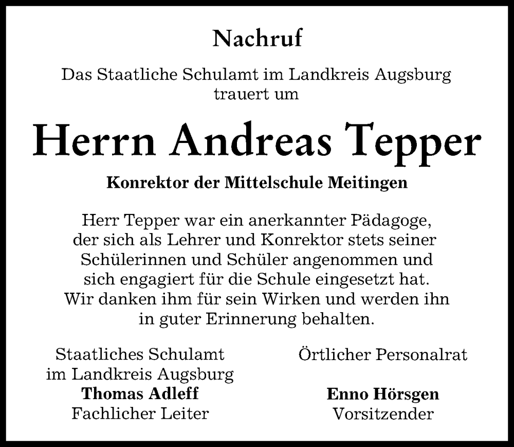  Traueranzeige für Andreas Tepper vom 28.03.2023 aus Augsburg-Land