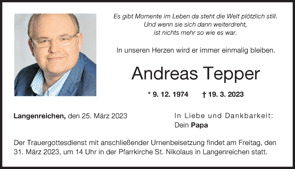  Traueranzeige für Andreas Tepper vom 25.03.2023 aus Augsburger Allgemeine