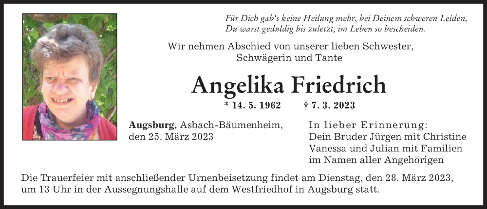  Traueranzeige für Angelika Friedrich vom 25.03.2023 aus Augsburger Allgemeine
