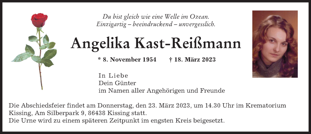 Traueranzeige von Angelika Kast-Reißmann von Augsburger Allgemeine