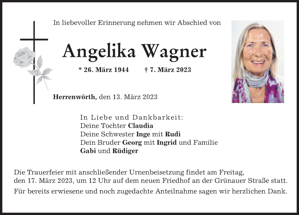 Traueranzeige von Angelika Wagner von Neuburger Rundschau