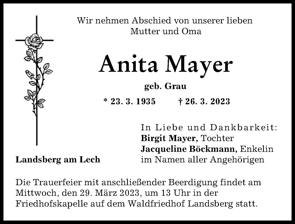  Traueranzeige für Anita Mayer vom 28.03.2023 aus Landsberger Tagblatt
