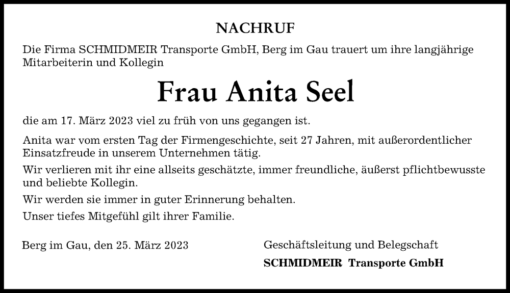  Traueranzeige für Anita Seel vom 25.03.2023 aus Neuburger Rundschau