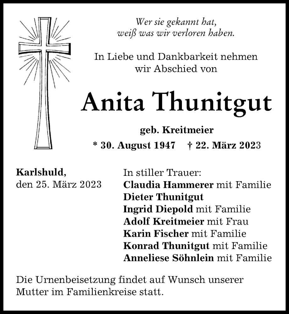  Traueranzeige für Anita Thunitgut vom 25.03.2023 aus Neuburger Rundschau