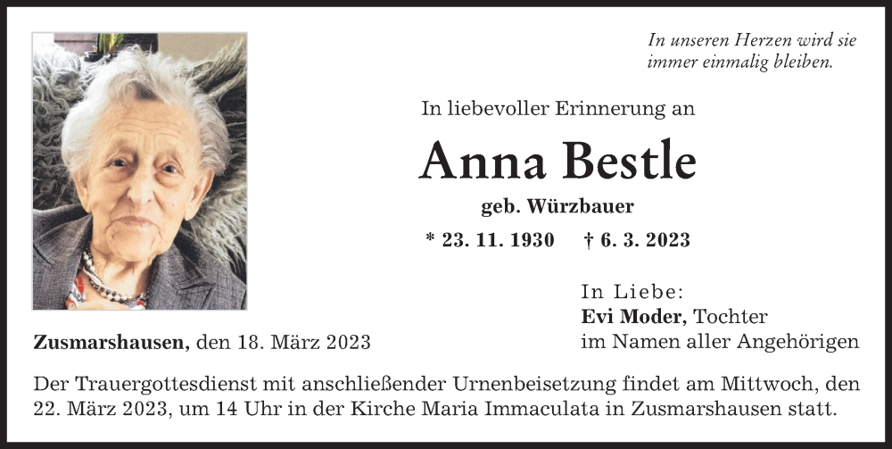  Traueranzeige für Anna Bestle vom 18.03.2023 aus Donauwörther Zeitung