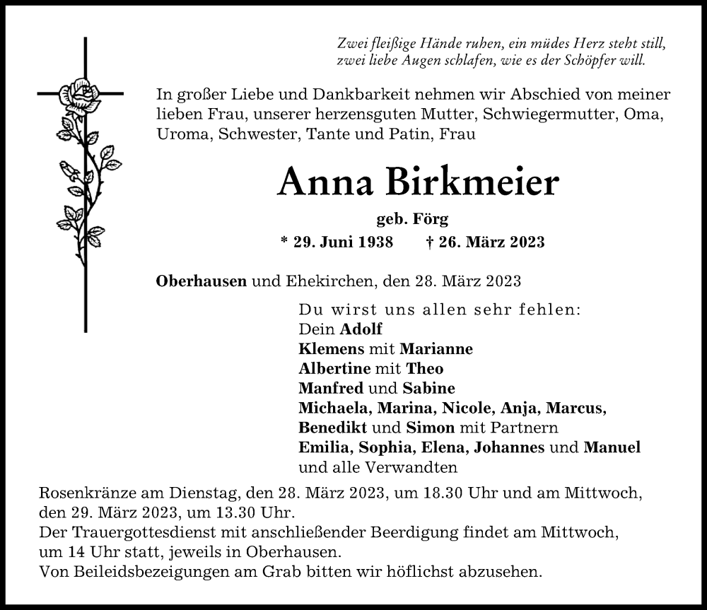  Traueranzeige für Anna Birkmeier vom 28.03.2023 aus Neuburger Rundschau