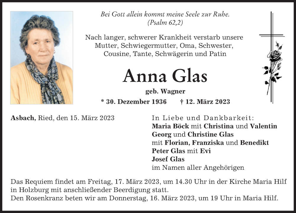  Traueranzeige für Anna Glas vom 15.03.2023 aus Friedberger Allgemeine