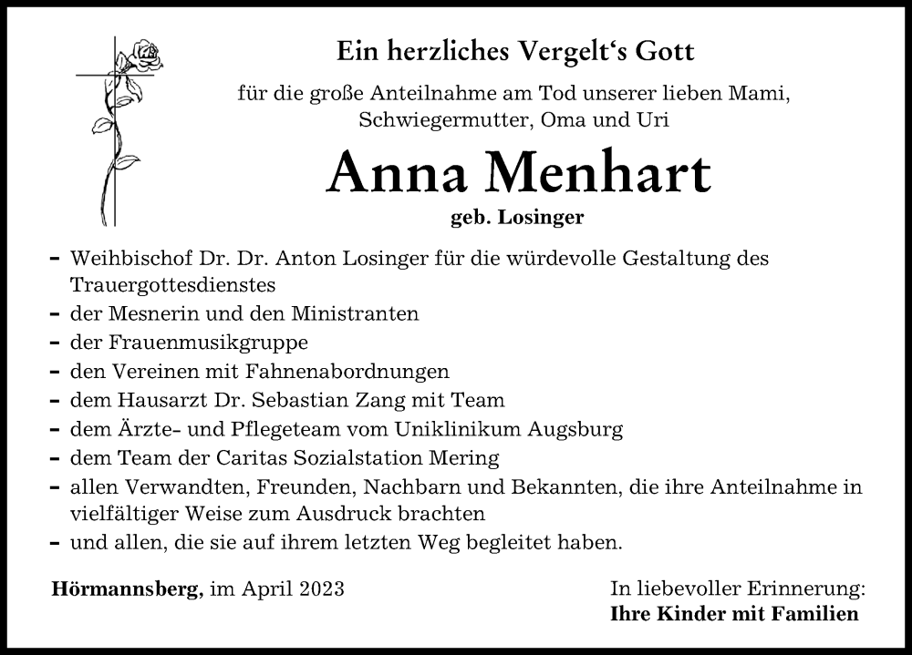  Traueranzeige für Anna Menhart vom 01.04.2023 aus Friedberger Allgemeine
