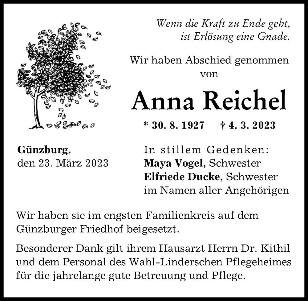 Traueranzeige für Anna Reichel vom 23.03.2023 aus Günzburger Zeitung