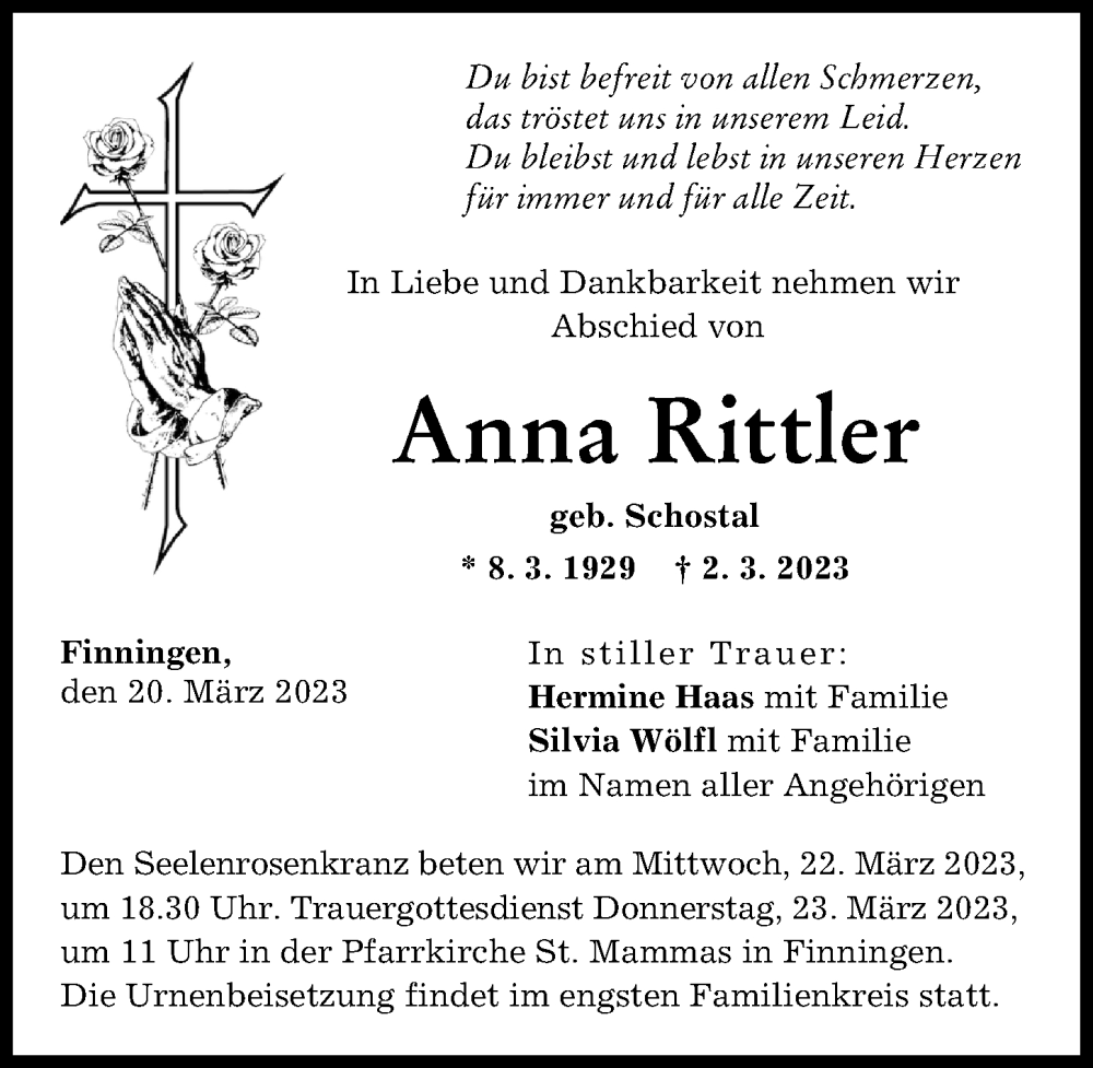  Traueranzeige für Anna Rittler vom 20.03.2023 aus Neu-Ulmer Zeitung