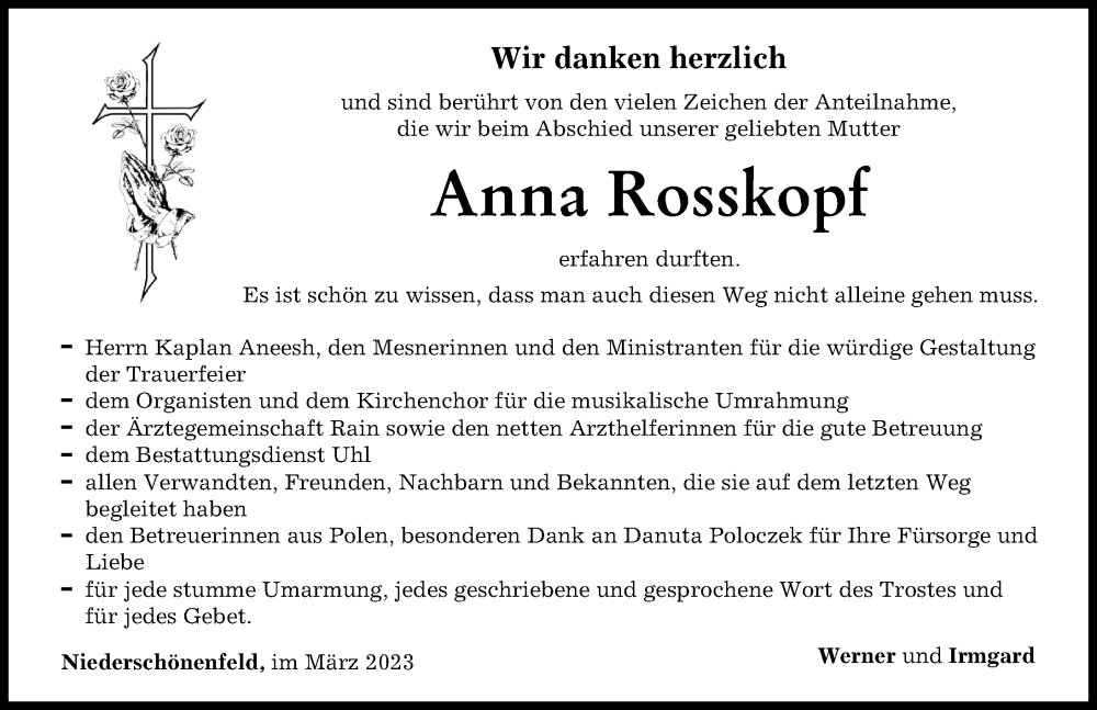 Traueranzeige von Anna Rosskopf von Donauwörther Zeitung