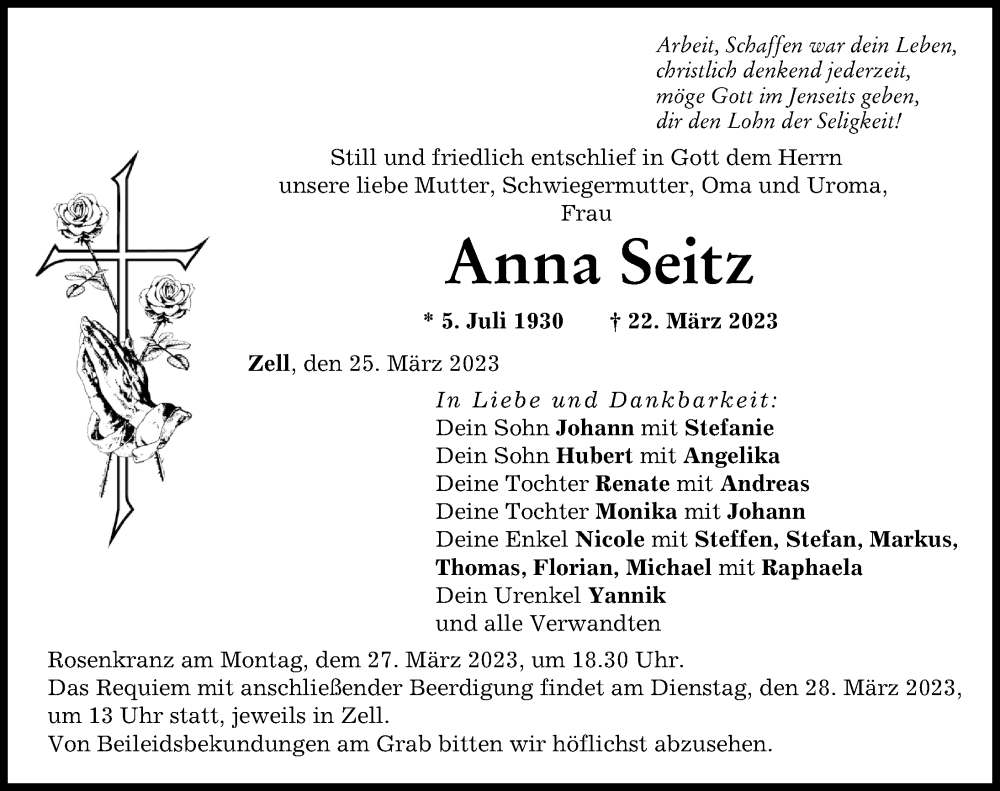  Traueranzeige für Anna Seitz vom 25.03.2023 aus Neuburger Rundschau