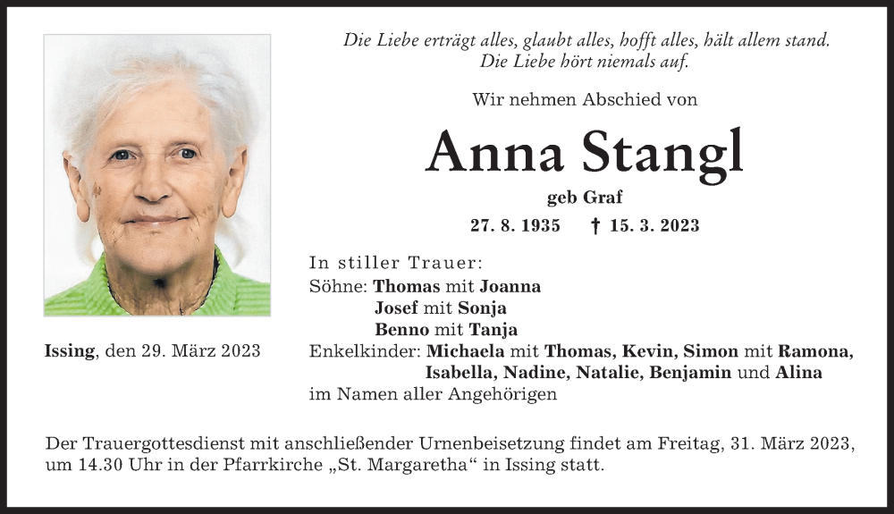 Traueranzeige von Anna Stangl von Landsberger Tagblatt